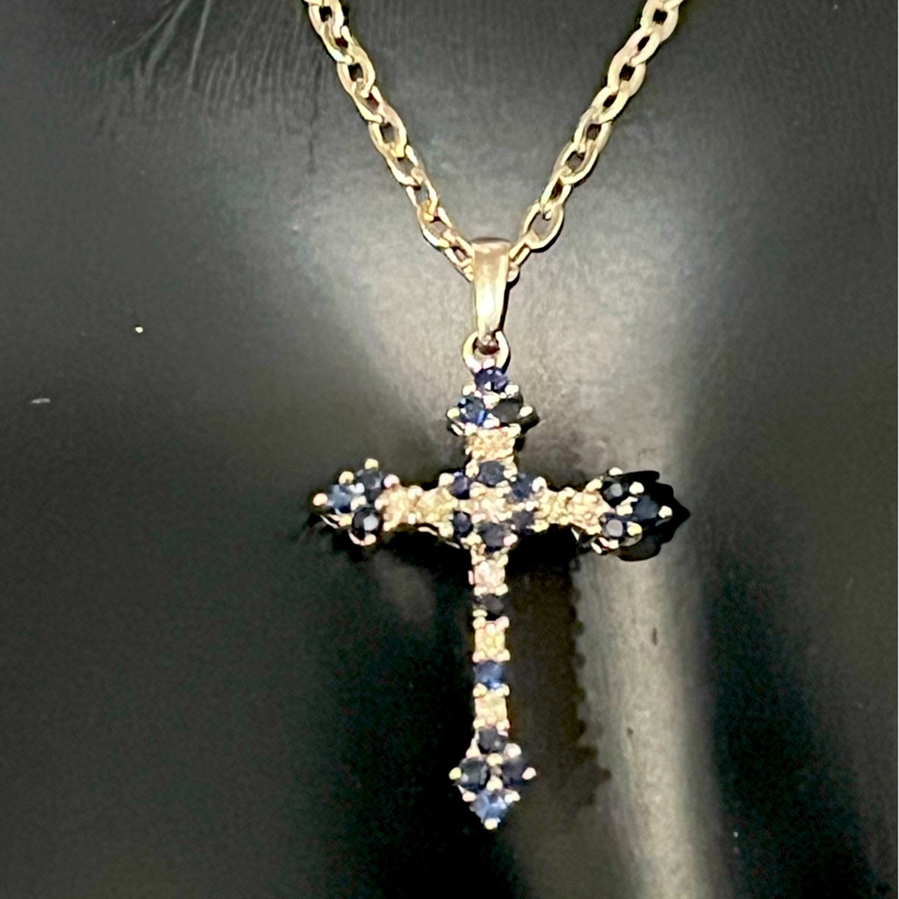14k White gold Sapphire and Diamond cross pendant / pendant only